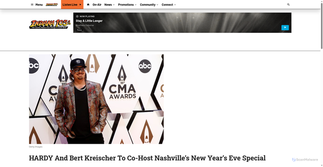 Security scan screenshot of https://www.indiana105.com/2025/12/18/hardy-and-bert-kreischer-to-co-host-nashvilles-new-years-eve-special/