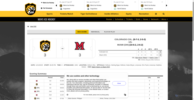 Security scan screenshot of https://cctigers.com/sports/mens-ice-hockey/stats/2025-2026/-rv-miami/boxscore/10271