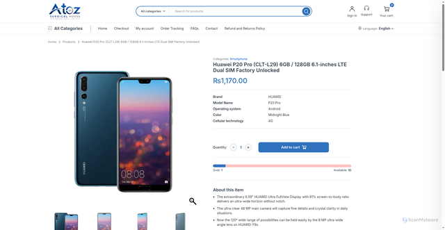 Security scan screenshot of https://atozsurgcialhouse.store/product/huawei-p20-pro-clt-l29-6gb-128gb-6-1-inches-lte-dual-sim-factory-unlocked/