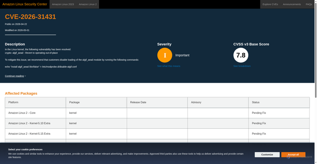 Security scan screenshot of https://explore.alas.aws.amazon.com/CVE-2026-31431.html