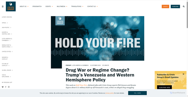 Security scan screenshot of https://www.crisisgroup.org/latin-america-caribbean/venezuela/drug-war-or-regime-change-trumps-venezuela-and-western-hemisphere-policy