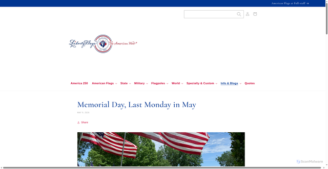 Security scan screenshot of https://libertyflags.com/blogs/default-blog/memorial-day-last-monday-in-may?srsltid=AfmBOopGE_9n9FEg6mVJUmFMkOIT1FslQkM2BCbiNRDrjRKY2YTXB1iC