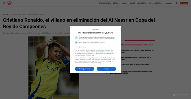 Security scan screenshot of https://www.rpctv.com/futbol-internacional/futbol/cristiano-ronaldo-el-villano-eliminacion-del-al-nassr-copa-del-rey-campeones-n6015344