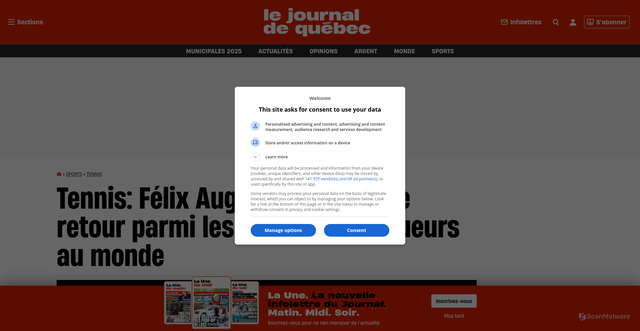 Security scan screenshot of https://www.journaldequebec.com/2025/10/27/tennis-felix-auger-aliassime-de-retour-parmi-les-10-meilleurs-joueurs-au-monde