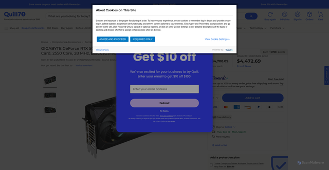Security scan screenshot of https://www.quill.com/gigabyte-geforce-rtx-5090-nvidia-pcie-50-32gb-gddr7-gaming-graphics-card-2550-core-28-mhz-black-gv-n5090gaming-oc-32gd/cbs/55487091.html?srsltid=AfmBOopXobk7umn19WlguQUKMivsymEVNCE-rtpI90zou20tWNpwxOv8
