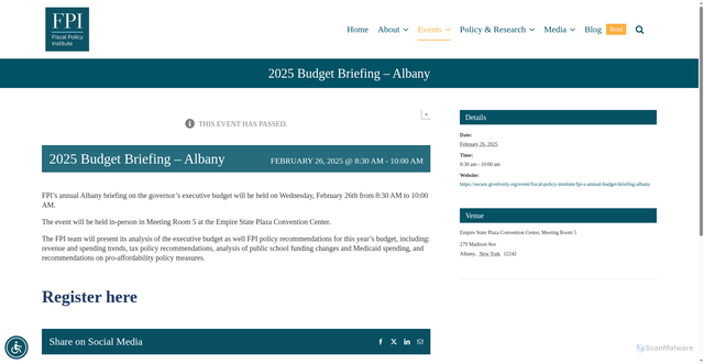 Security scan screenshot of https://fiscalpolicy.org/event/2025-budget-briefing-albany