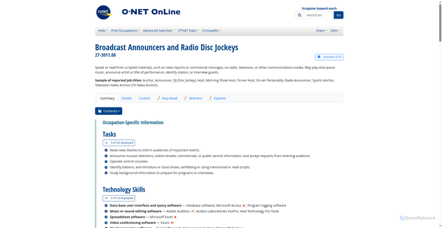 Security scan screenshot of https://www.onetonline.org/link/summary/27-3011.00