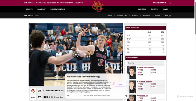 Security scan screenshot of https://cmumavericks.com/news/2025/11/14/mens-basketball-allred-buzzer-beater-lifts-mavs-to-upset-of-3-dallas-baptist.aspx