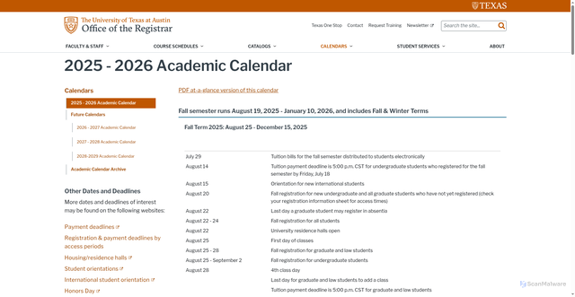 Security scan screenshot of https://registrar.utexas.edu/calendars/25-26