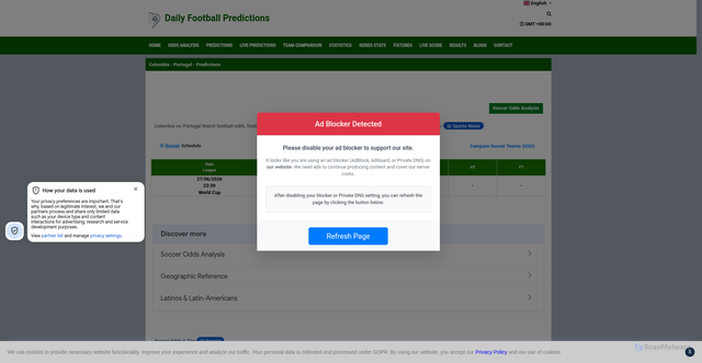 Security scan screenshot of https://www.dailyfootballpredictions.com/soccer-odds/colombia-portugal-soccer-odds-912852