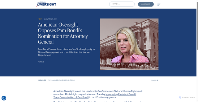 Security scan screenshot of https://americanoversight.org/american-oversight-opposes-pam-bondis-nomination-for-attorney-general/