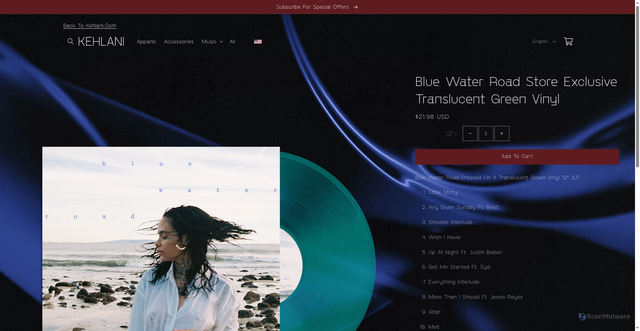 Security scan screenshot of https://store.kehlani.com/products/blue-water-road-translucent-blue-vinyl