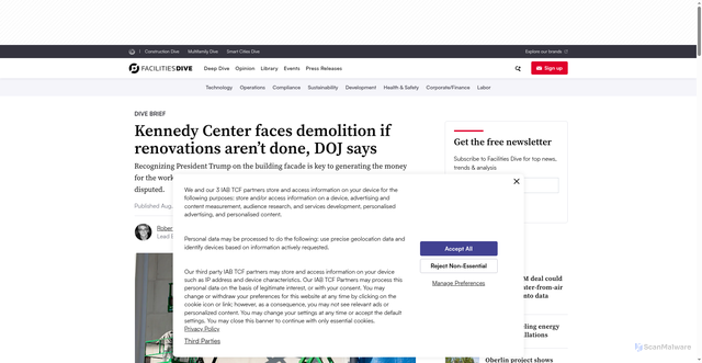 Security scan screenshot of https://www.facilitiesdive.com/news/kennedy-center-faces-demolition-if-renovations-arent-done-doj-says/828893/
