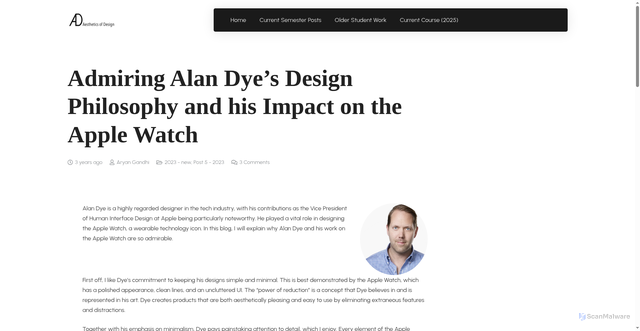 Security scan screenshot of https://www.aesdes.org/2023/03/03/admiring-alan-dyes-design-philosophy-and-his-impact-on-the-apple-watch/