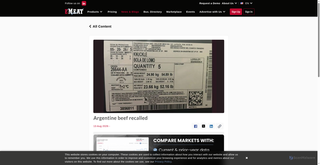 Security scan screenshot of https://emeat.io/news/argentine-beef-recalled