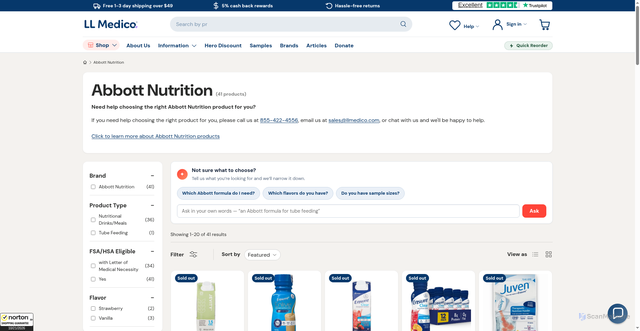 Security scan screenshot of https://www.llmedico.com/collections/abbott-nutrition?srsltid=AU7gw4XI3nif61YD8siYWaAJf-GEpv3ehUh6ubwVMkiW1LDO3CcJ9izy