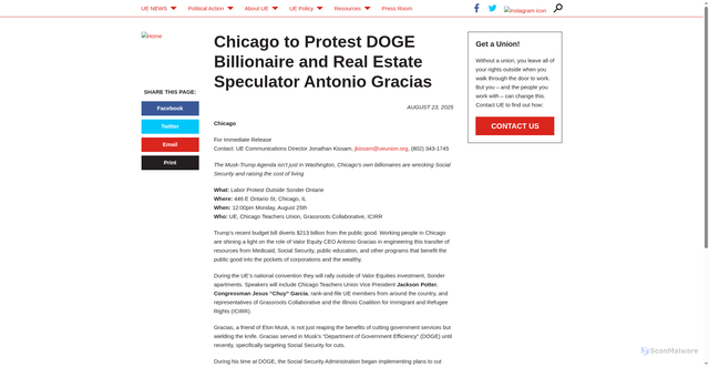 Security scan screenshot of https://www.ueunion.org/press-release/2025/chicago-to-protest-doge-billionaire-and-real-estate-speculator-antonio-gracias