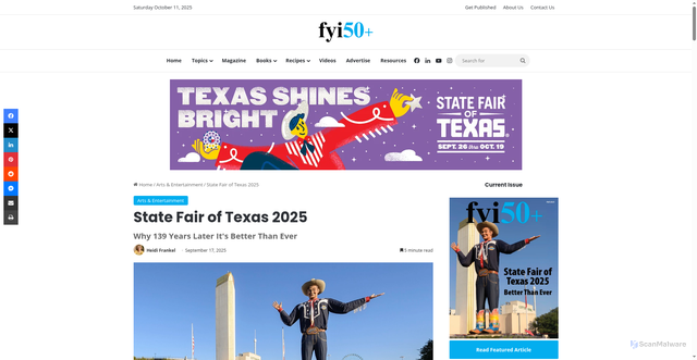 Security scan screenshot of https://fyi50plus.com/state-fair-texas-139-years-big-tex-2025-attractions/