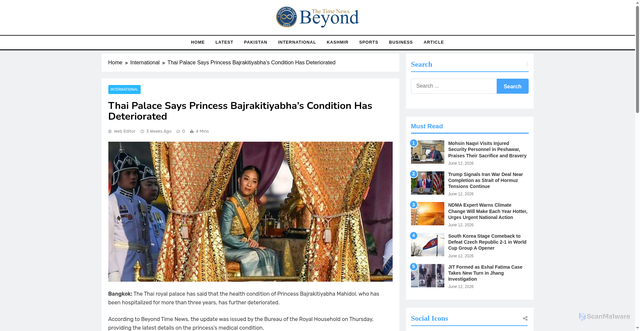 Security scan screenshot of https://beyondthetimenews.com/thai-palace-says-princess-bajrakitiyabhas-condition-has-deteriorated/