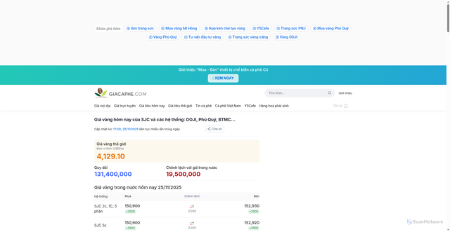 Security scan screenshot of https://giacaphe.com/gia-vang/