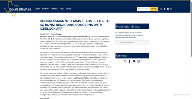 Security scan screenshot of http://williams.house.gov/media-center/press-releases/congressman-williams-leads-letter-ag-bondi-regarding-concerns-iceblock