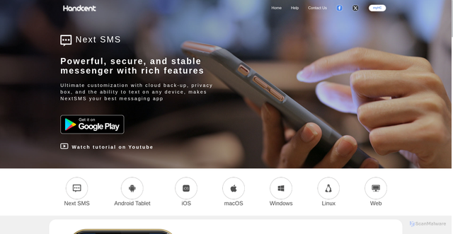 Security scan screenshot of https://handcent.com