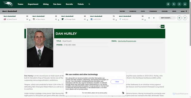 Security scan screenshot of https://wagnerathletics.com/sports/mens-basketball/roster/coaches/dan-hurley/256