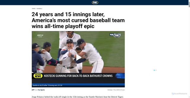Security scan screenshot of https://www.foxsports.com.au/baseball/24-years-and-15-innings-later-americas-most-cursed-baseball-team-wins-alltime-playoff-epic/news-story/09d21fd1af18fe07562306be050b3b65