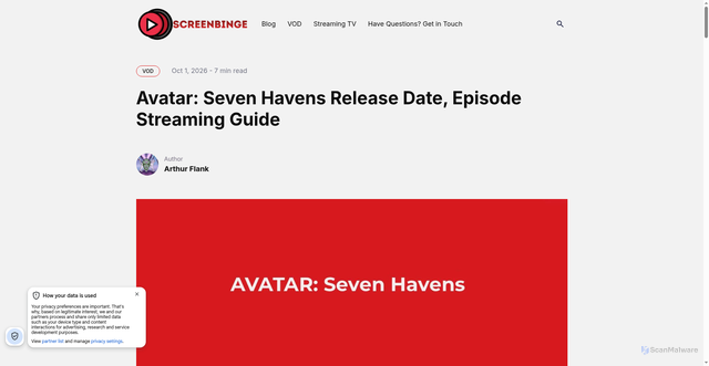 Security scan screenshot of https://screenbinge.ca/vod/avatar-seven-havens-release-date-episode-streaming-guide/