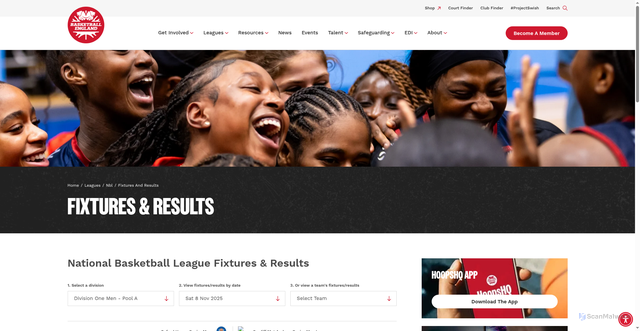 Security scan screenshot of https://basketballengland.co.uk/leagues/nbl/fixtures-and-results