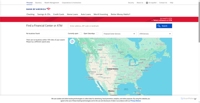 Security scan screenshot of https://locators.bankofamerica.com