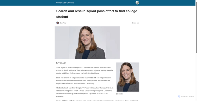 Security scan screenshot of https://vermontdailychronicle.com/search-and-rescue-squad-joins-effort-to-find-college-student/amp/