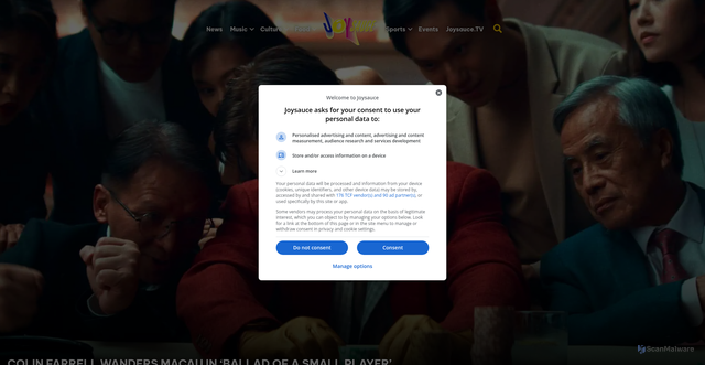 Security scan screenshot of https://joysauce.com/colin-farrell-wanders-macau-in-ballad-of-a-small-player/