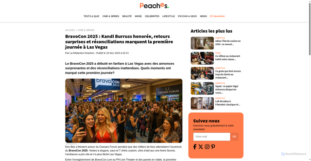 Security scan screenshot of https://www.peaches.fr/cine-series/bravocon-2025-kandi-burruss-honoree-retours-surprises-et-reconciliations-marquent-la-premiere-journee-a-las-vegas-207495.html