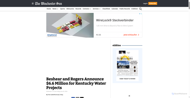 Security scan screenshot of https://winchestersun.com/2026/06/26/beshear-and-rogers-announce-6-6-million-for-kentucky-water-projects/