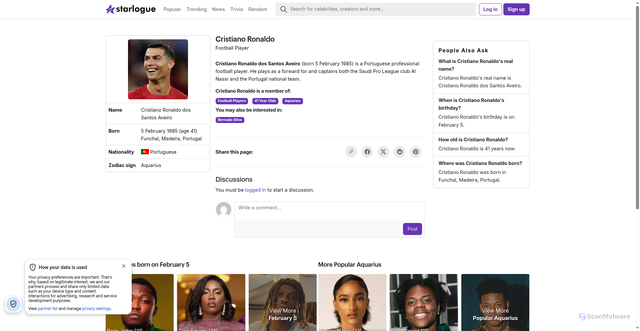 Security scan screenshot of https://starlogue.com/person/cristiano-ronaldo