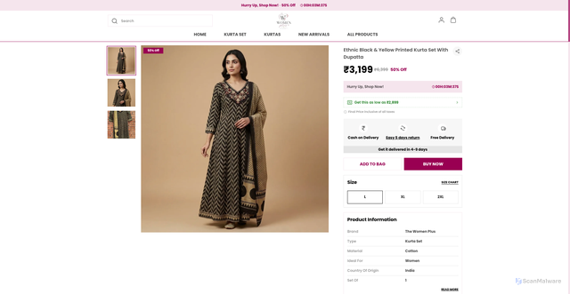 Security scan screenshot of https://thewomenplus.com/Ethnic-Black---Yellow-Printed-Kurta-Set-With-Dupatta/catalogue/Gm5NyLx3/xAaHF6wI