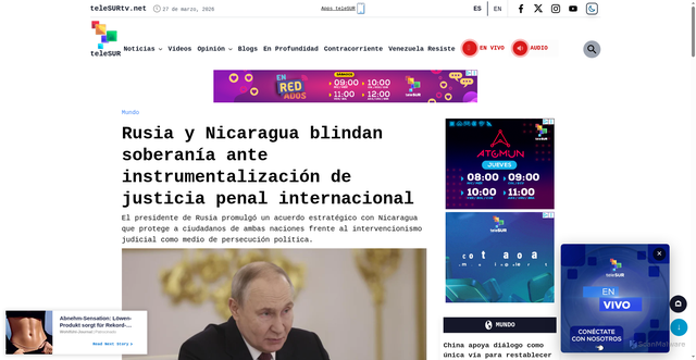 Security scan screenshot of https://www.telesurtv.net/rusia-nicaragua-proteccion-injerencia-penal/