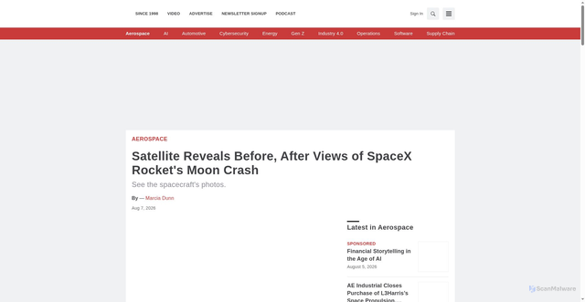 Security scan screenshot of https://www.manufacturing.net/aerospace/news/22972010/satellite-reveals-before-after-views-of-spacex-rockets-moon-crash