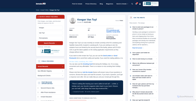 Security scan screenshot of https://www.inmateaid.com/inmate-profiles/keegan-van-tuyl