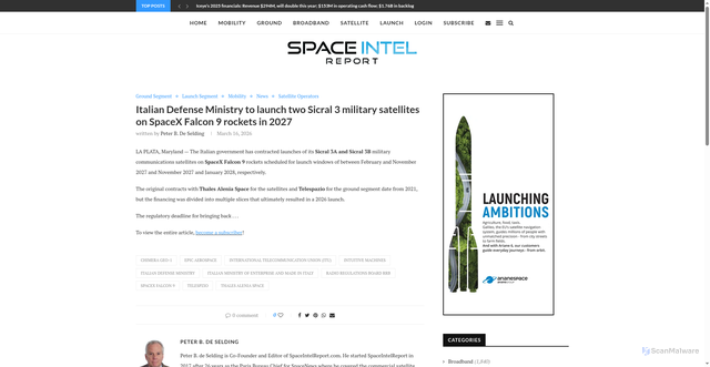 Security scan screenshot of https://www.spaceintelreport.com/italian-defense-ministry-to-launch-two-sicral-3-military-satellites-on-spacex-falcon-9-rockets-in-2027/