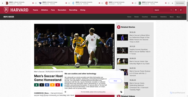 Security scan screenshot of https://gocrimson.com/news/2025/10/15/mens-soccer-mens-soccer-hosts-brown-saturday-to-close-three-game-homestand.aspx