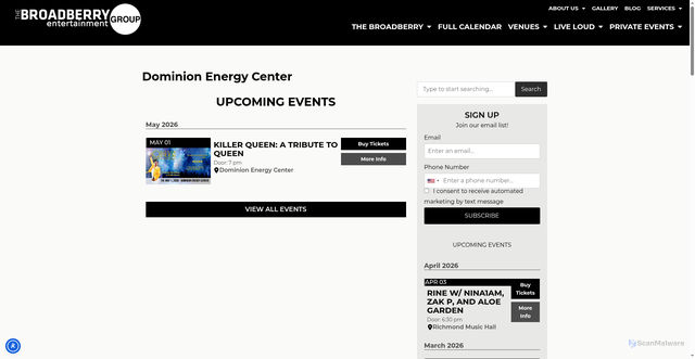 Security scan screenshot of https://thebroadberry.com/dominion-energy-center/