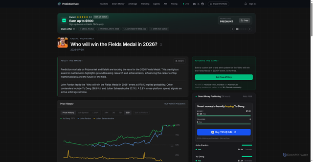 Security scan screenshot of https://www.predictionhunt.com/odds/who-will-win-the-fields-medal-in-2026
