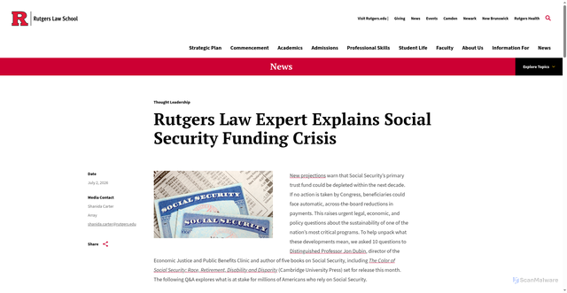 Security scan screenshot of https://law.rutgers.edu/news/social-security-funding-crisis