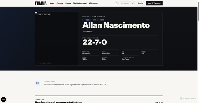 Security scan screenshot of https://mixedmartialarts.com/fighters/Allan-Nascimento:FEDB423CD0C0AB72/