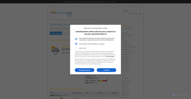Security scan screenshot of https://www.onlineweather.online/north-america/mexico/mexico-city/