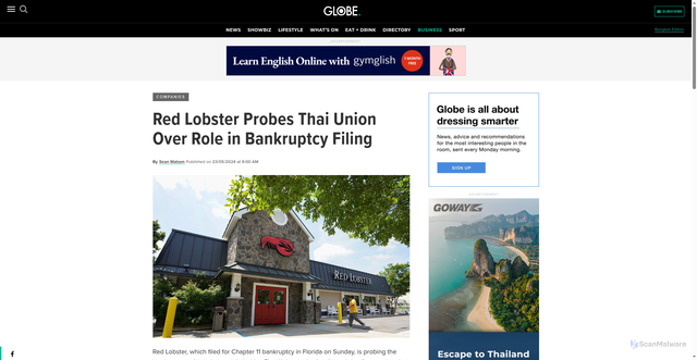 Security scan screenshot of https://www.globe.co.th/business/companies/red-lobster-probes-thai-union-over-role-in-bankruptcy-filing/