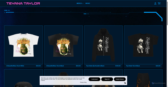 Security scan screenshot of https://shop.teyanataylor.com/collections/all?srsltid=AU7gw4WoXp2M9lIBpWCSCt4o9-m-YQWZvZ3bQBnpAgXQxjA10mSSP7v2
