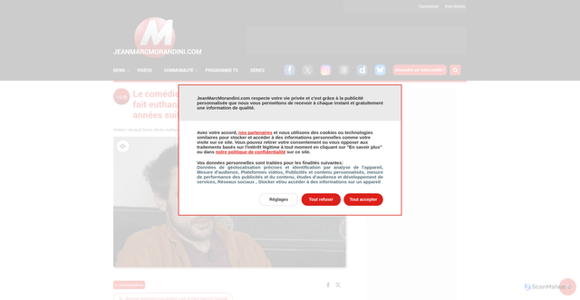 Security scan screenshot of https://www.jeanmarcmorandini.com/article-652799-urgent-le-comedien-arnaud-denis-est-decede-apres-s-etre-fait-euthanasier-alors-qu-il-souffrait-depuis-plusieurs-annees-suite-a-une-operation-medicale-ratee.html
